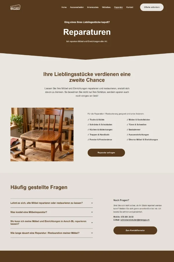 Screenshot der Website für Schreinerei Studer aus Aesch Basel Land
