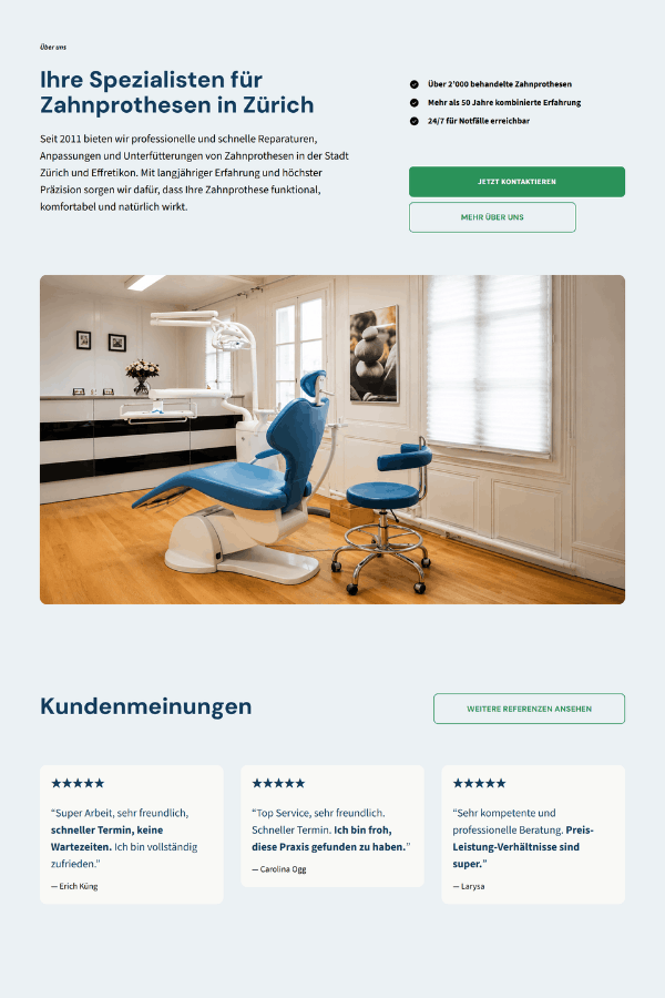 Screenshot einer professionellen Webseite für eine Zahnersatzklinik aus Zürich, Schweiz