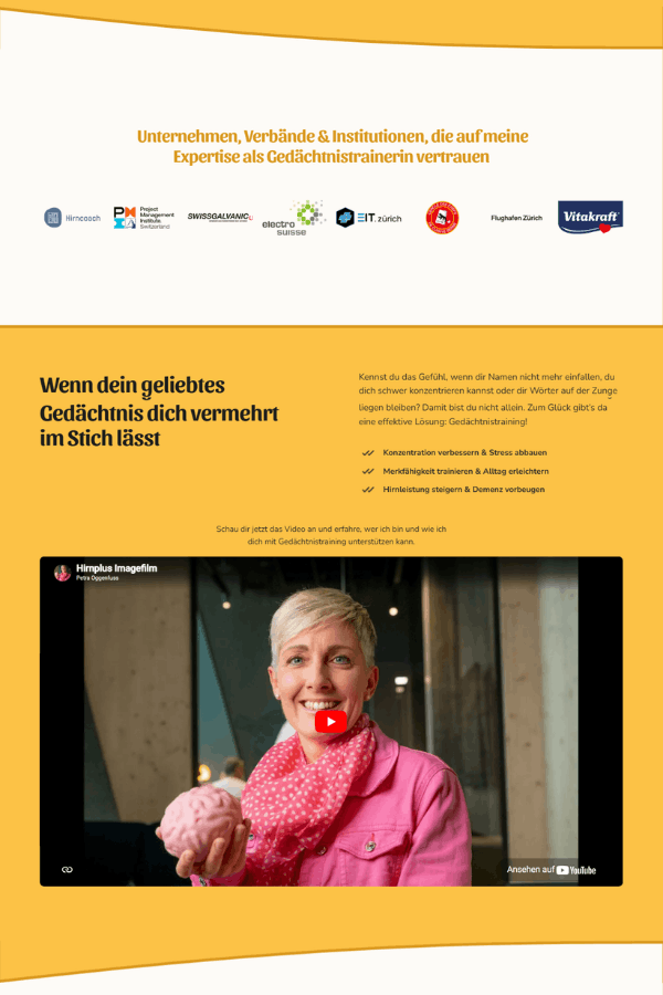 Screenshot einer professionellen Webseite für eine Gedächtnistrainerin aus Winterthur Schweiz