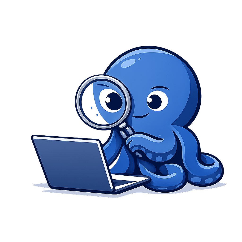 Ein niedlicher blauer Oktopus mit einem Lupe untersucht einen Laptop.