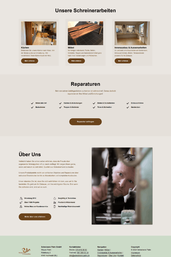 Screenshot einer professionellen Webseite für Schreinerei Palm aus Basel Land Schweiz