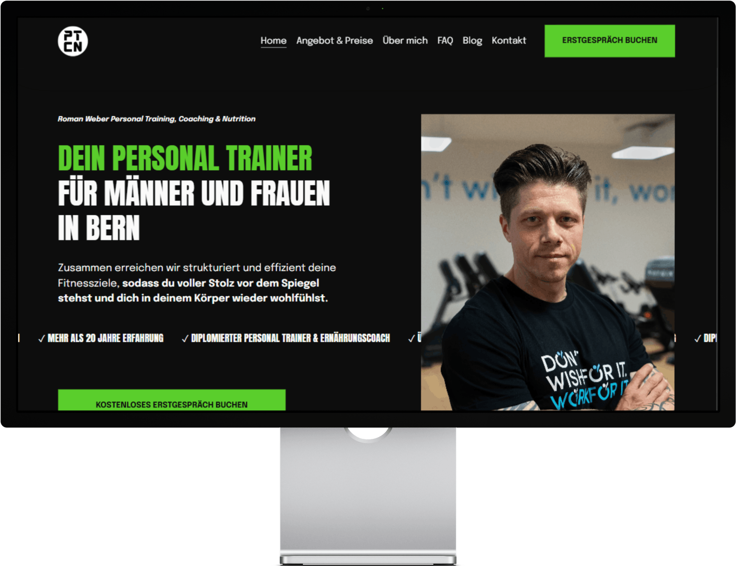 Screenshot einer professionellen und verkaufsstarken Webseite für einen Personal Trainer aus Bern, Schweiz