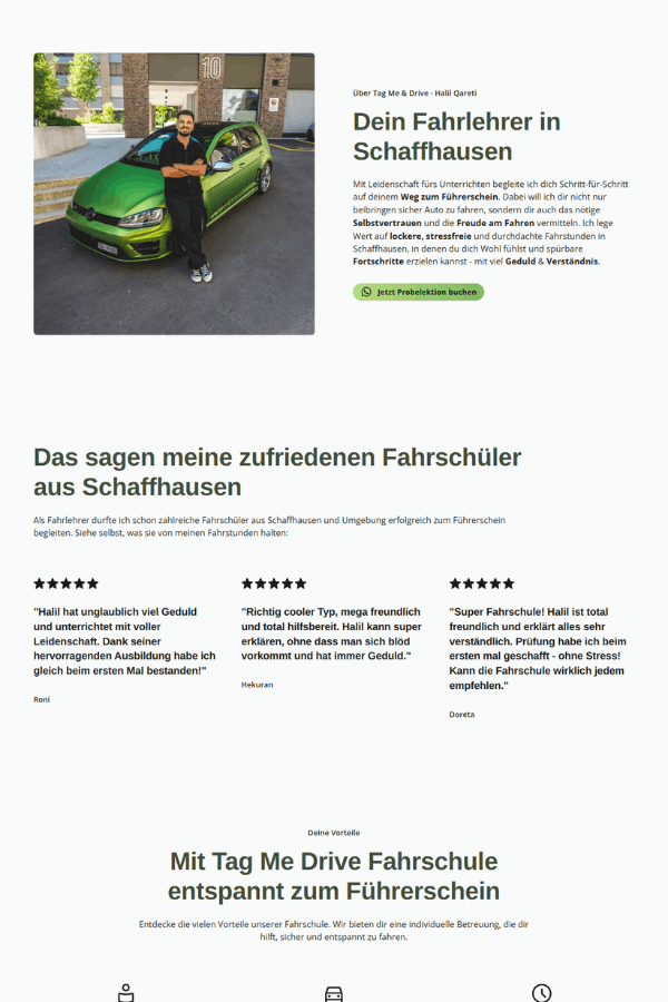 Screenshot einer professionellen Webseite für eine Fahrschule in Schaffhausen
