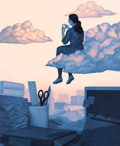 Illustration d'une jeune femme assise sur un nuage au-dessus d'un bureau