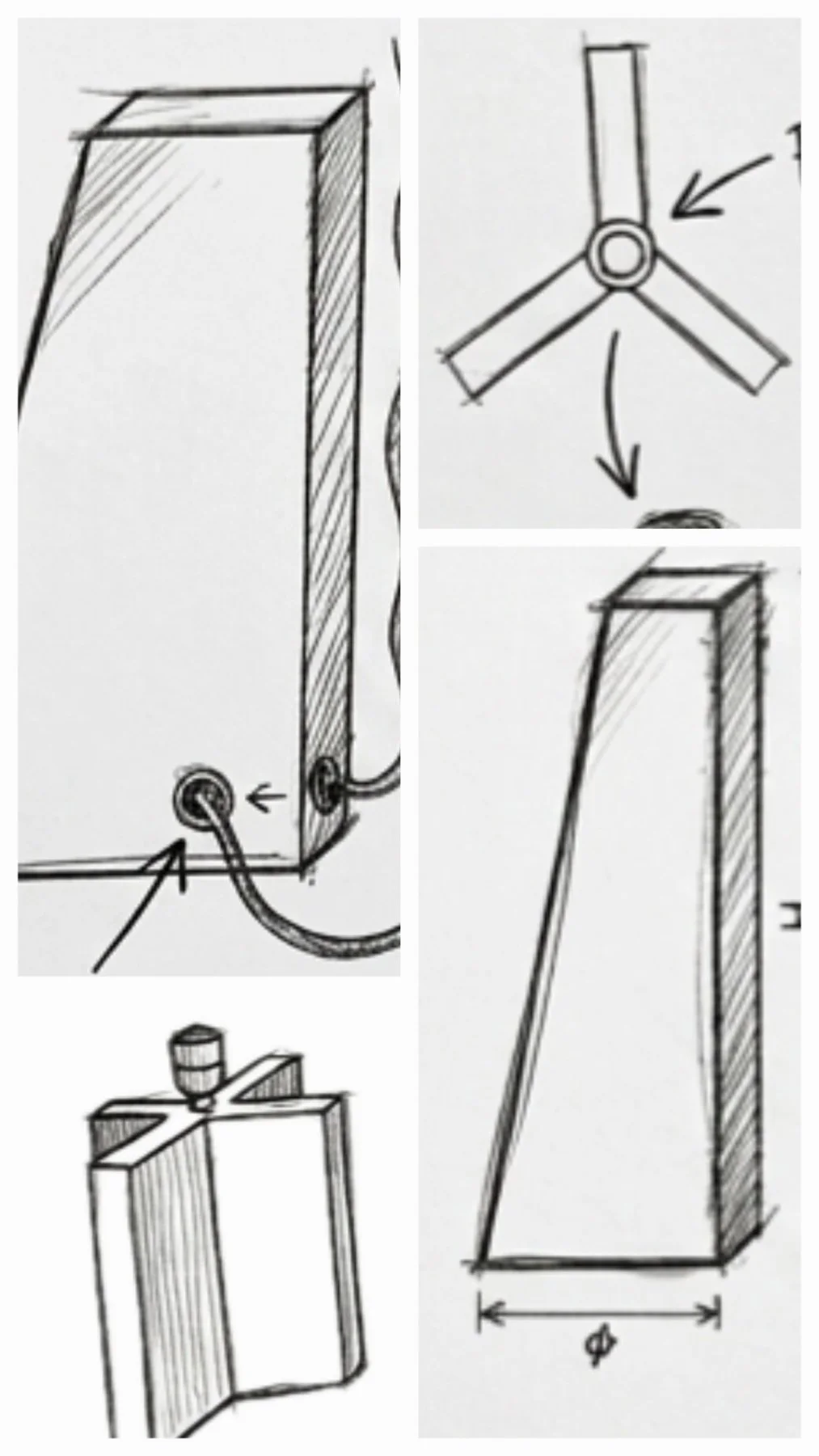"Hand-drawn concept sketches of a SILENCE collection table lamp base, showing side profile, top view, and dimensions"