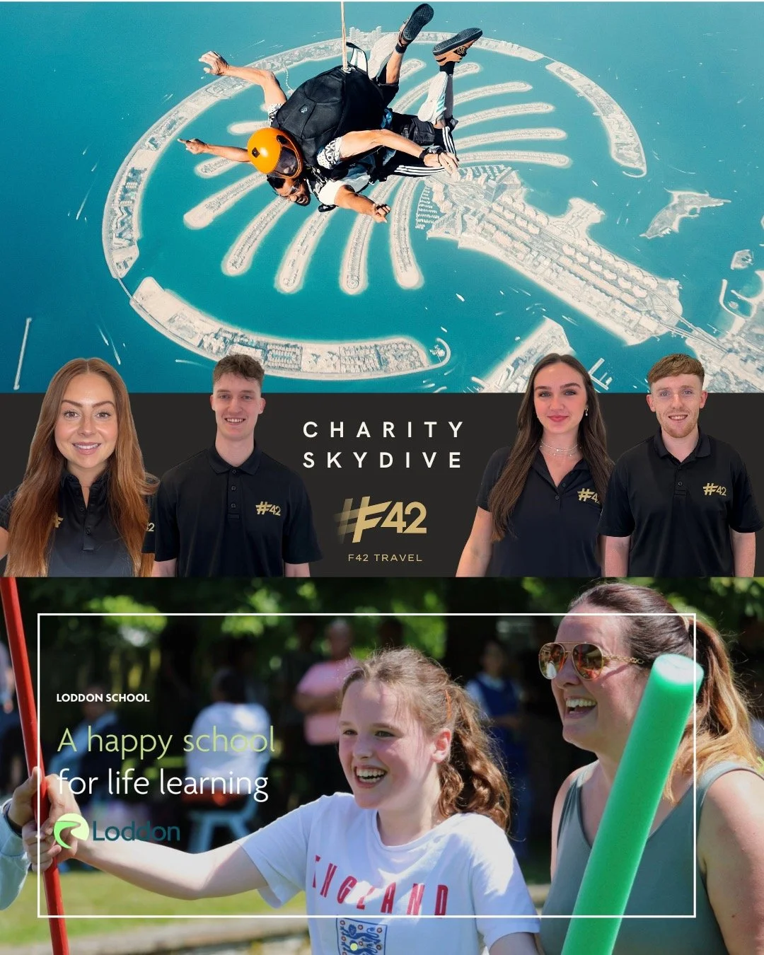 From car parks to cloud nine! ☁️✈️

Four of our fearless (and slightly bonkers) F42 crew are skydiving over Dubai&rsquo;s Palm to raise funds for @theloddonschool. 💛

This amazing charity means the world to our F42 family, especially to Daniel &amp;