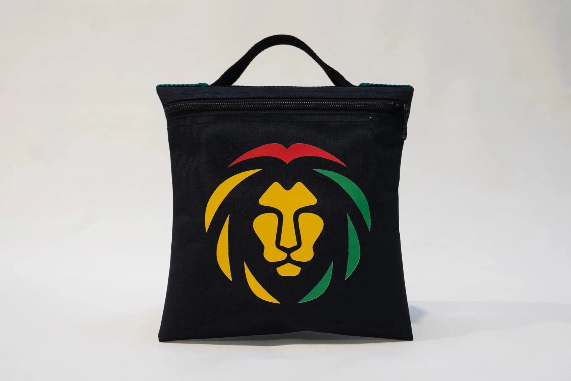 Custom-made black 1000D nylon, durable sandbags for photography with zipper closures and webbing handles with DTF printed logo of a lion
