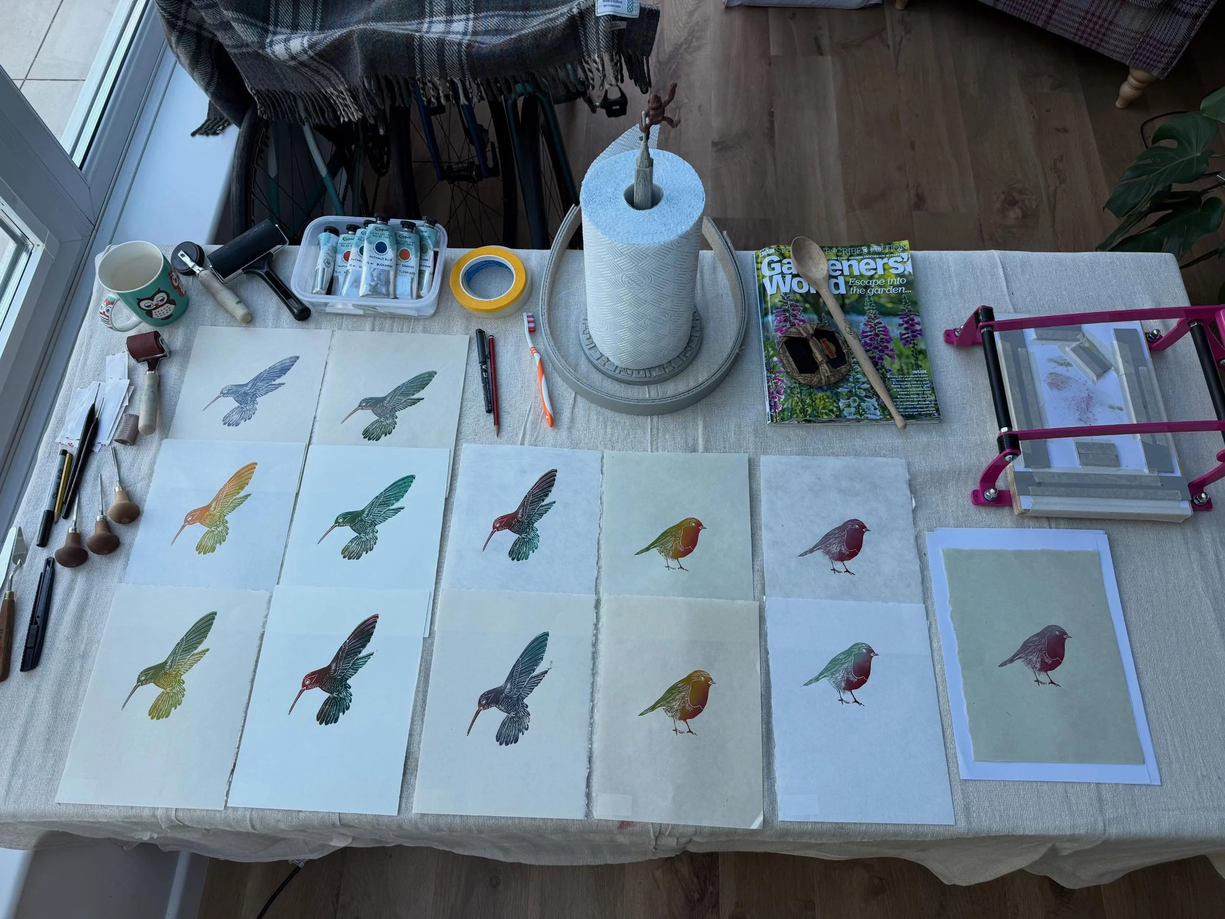 My first batch of lino prints studying birds and joy are ready for packaging up for this weekend! Really happy with how they have come out and looking forward to developing this series further. 

I will be at the Malvern Arts Market at the Priory gro