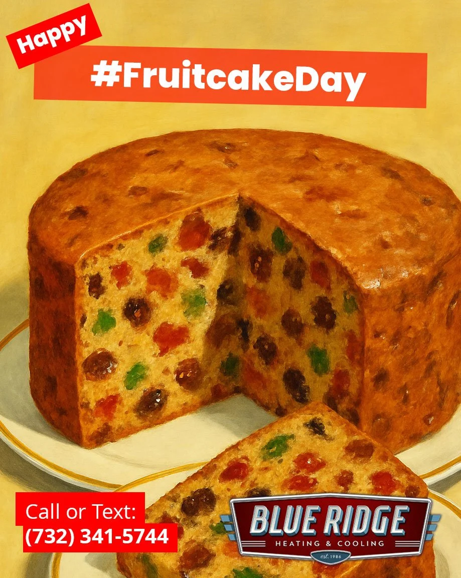 Your furnace shouldn&rsquo;t be as dense as a fruitcake. 🍰🔥If it&rsquo;s struggling, schedule a post-holiday tune-up. #FruitcakeDay #HVACMaintenance #WinterHeating #NJHomes #BlueRidgeHVAC