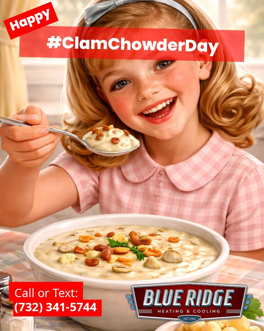 Warm chowder = cozy vibes 😋 Make sure your heat keeps up with chilly evenings. #ClamChowderDay