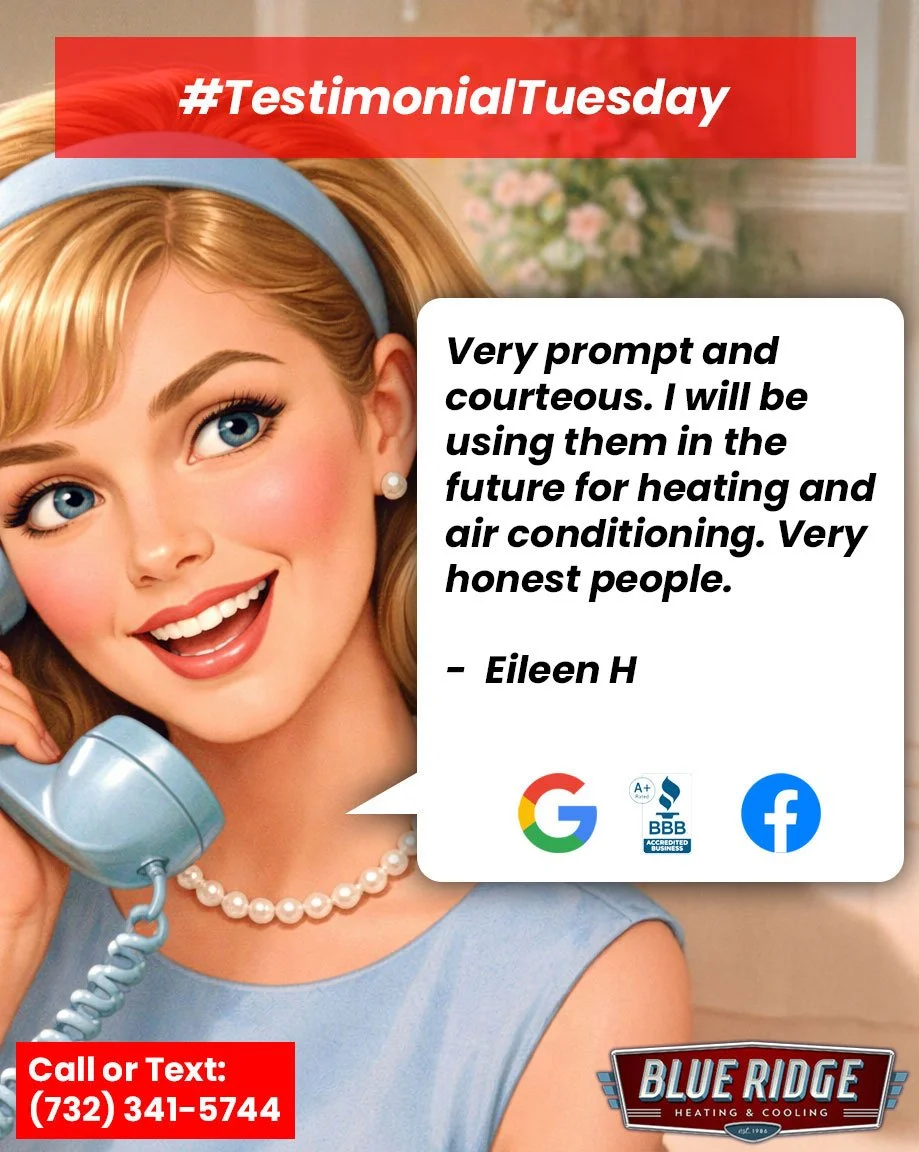 Your kind words keep our team moving 💙 No matter the job &mdash; quick service call or complete install &mdash; we&rsquo;re proud to provide year-round comfort in NewJersey. #TestimonialTuesday #CustomerFeedback #BlueRidgeHVAC #NJHomes #ComfortExper