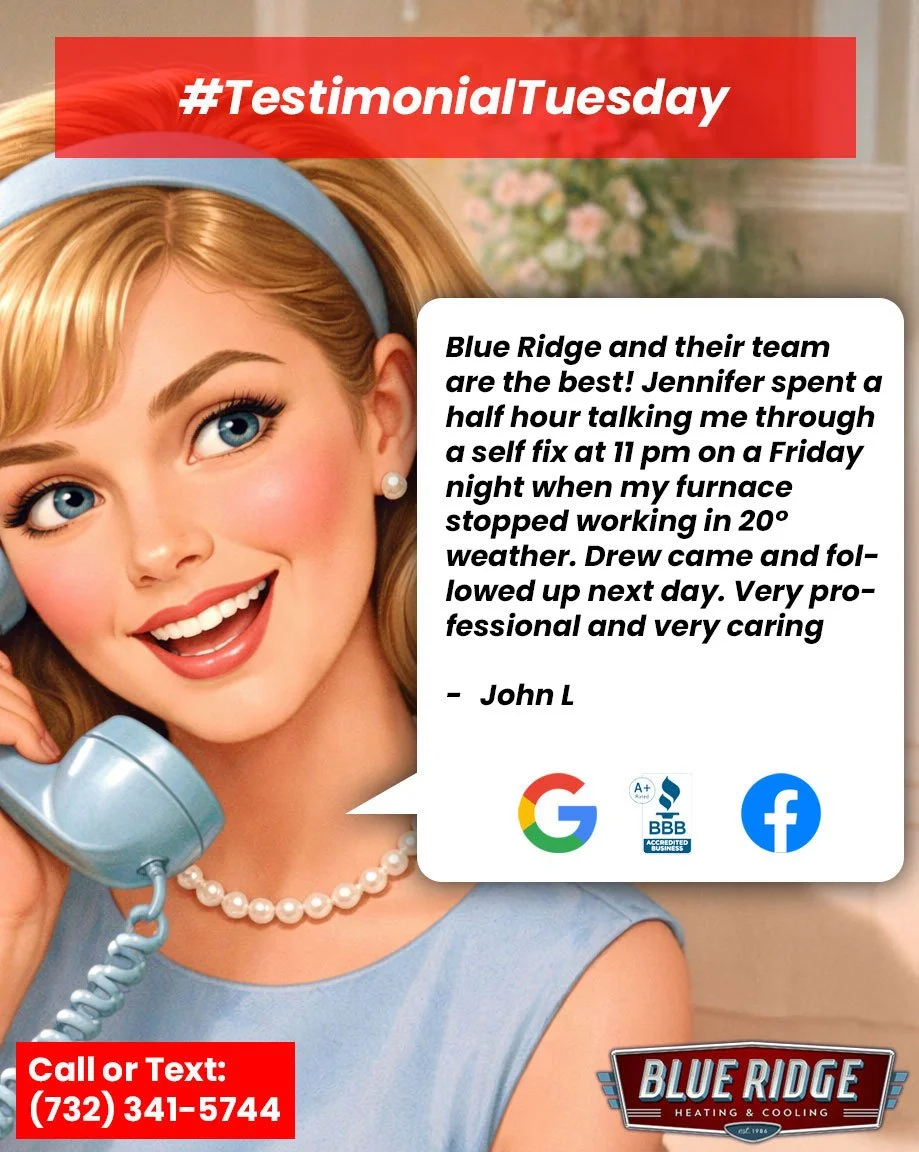 Nothing means more to us than your reviews 💙 Helping keep our New Jersey neighbors comfortable&mdash;from repairs to full system installs&mdash;is what we&rsquo;re all about.
#TestimonialTuesday #CustomerLove #BlueRidgeHVAC #NJHomes #ComfortExperts