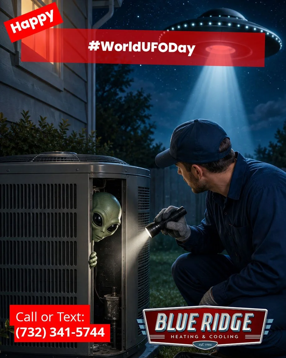 Is that strange noise coming from your AC... or is it something out of this world? If your system is making mysterious sounds, let Blue Ridge Heating &amp; Cooling investigate before it turns into a bigger problem! 👨&zwj;🔧❄️ #WorldUFODay #HVAC