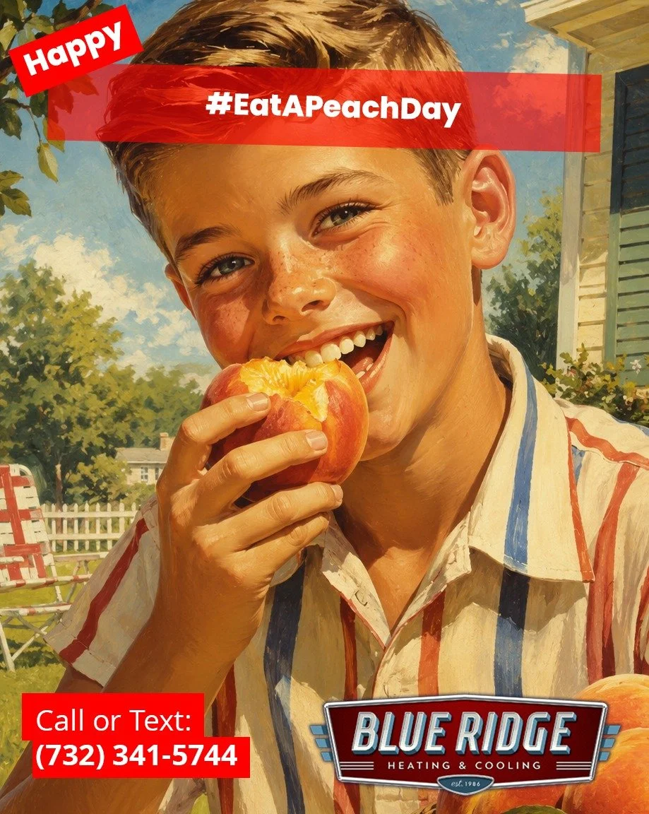 August is peach season, but your house should not feel like a Georgia orchard at noon. Stay cool with help from Blue Ridge Heating &amp; Cooling. #EatAPeachDay #BlueRidgeHVAC #StayCool #NJHVAC