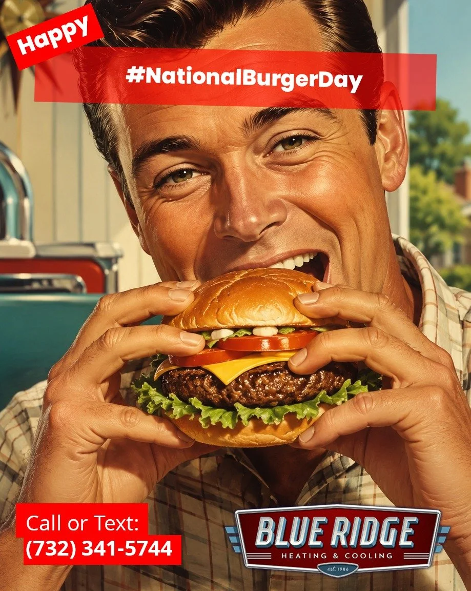 Fire up the grill without turning your kitchen into one. Outdoor cooking and dependable indoor AC make a perfect summer combination. #NationalBurgerDay #BlueRidgeHVAC #SummerComfort #NJHVAC