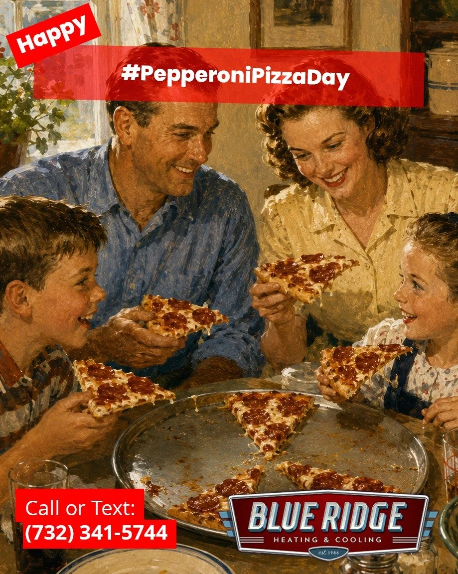 Pepperoni pizza should be hot. Your house shouldn't be.  Happy Pepperoni Pizza Day from Blue Ridge Heating &amp; Cooling! #PepperoniPizzaDay #BlueRidgeHVAC #NJHVAC #HomeComfort