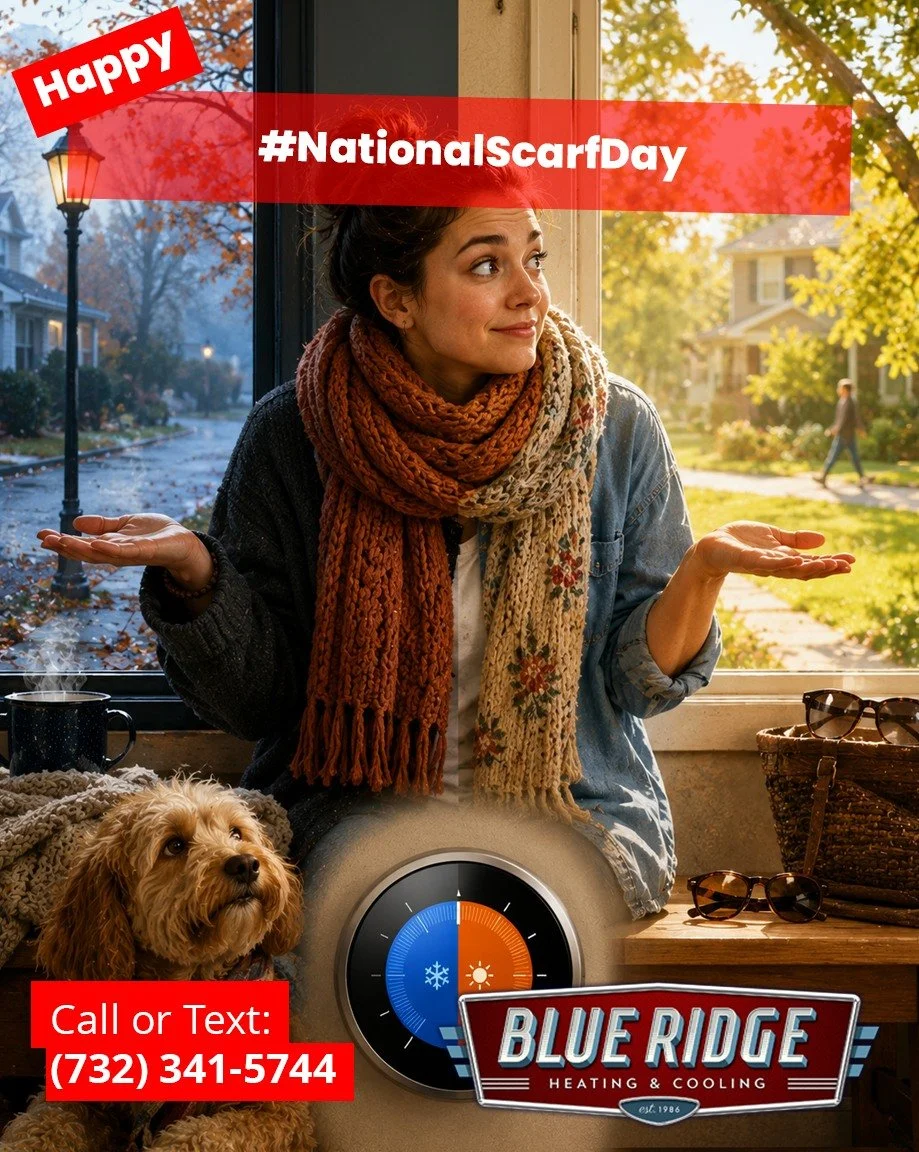 Scarves are coming back out, which means New Jersey is officially entering that strange time of year when it's 52&deg; in the morning and 78&deg; by afternoon. Your thermostat knows the struggle. #NationalScarfDay #BlueRidgeHVAC #NJHVAC #FallInNJ