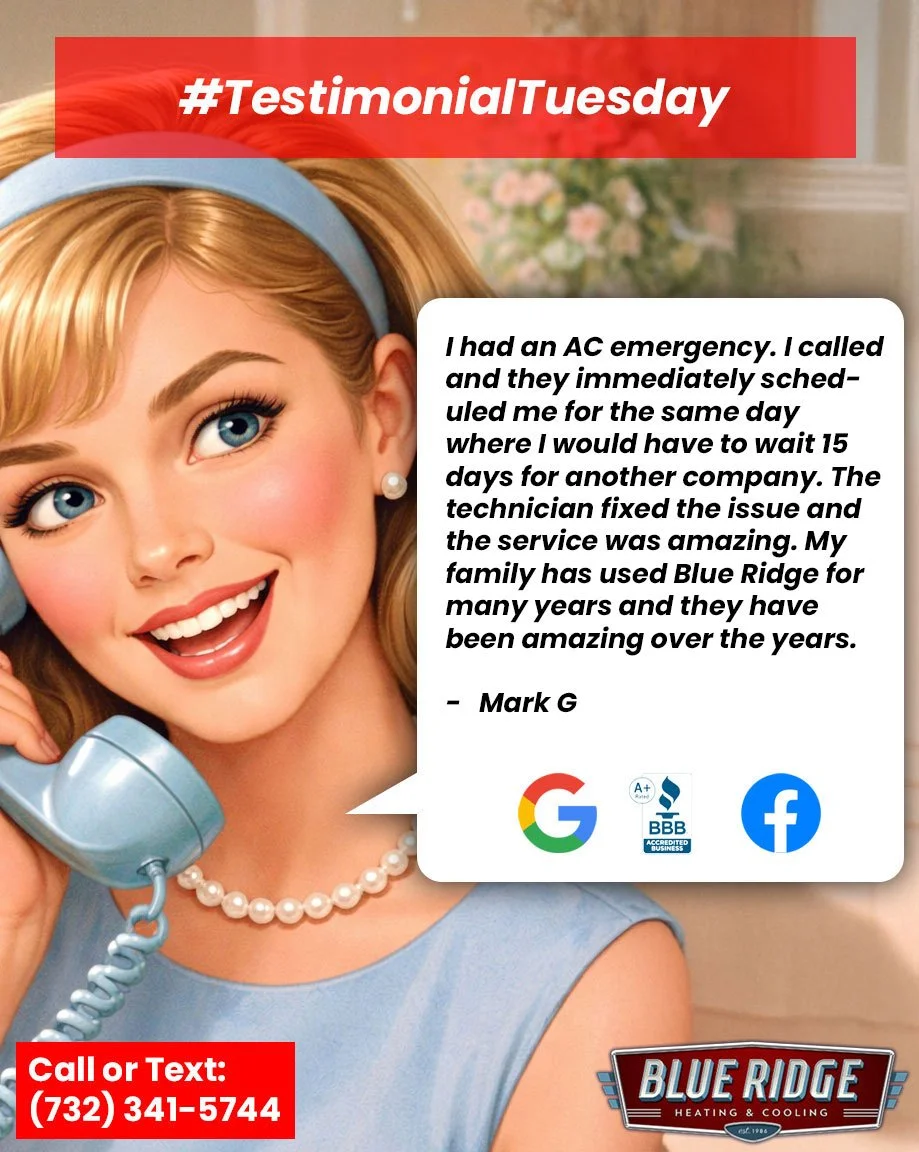 Hearing that our customers feel comfortable, confident, and well taken care of means everything to us. Thank you for choosing Blue Ridge Heating &amp; Cooling and for sharing your experience!
#TestimonialTuesday #CustomerLove #BlueRidgeHVAC #NJHVAC #