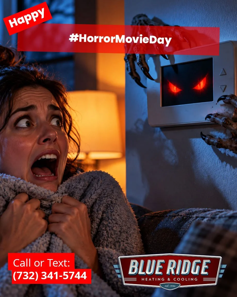 Tonight&rsquo;s feature: The Thermostat That Wouldn&rsquo;t Turn On. Rated R for Really Cold House. Happy National Horror Movie Day!
#HorrorMovieDay #BlueRidgeHVAC #HVACHumor #Halloween