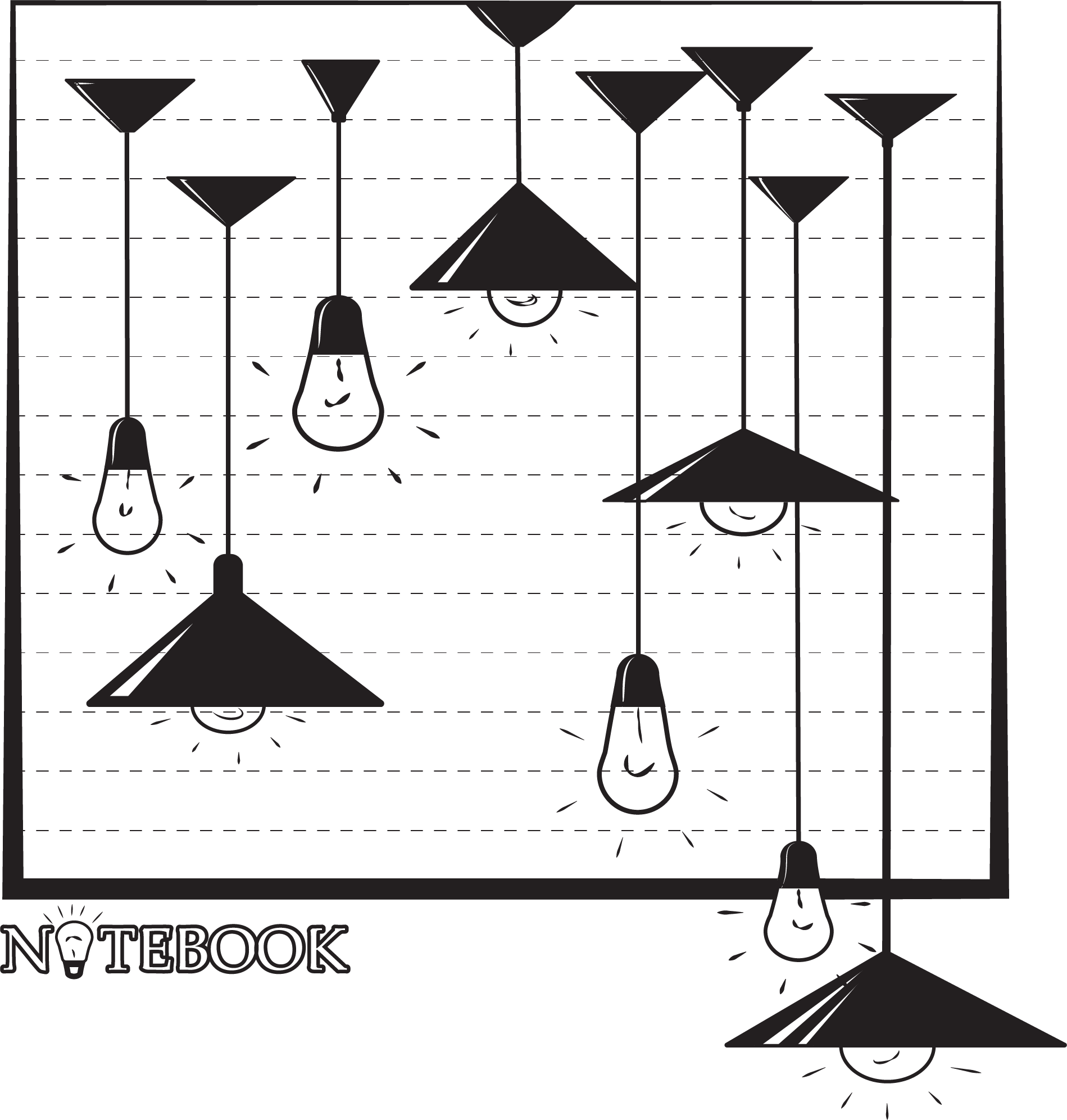 Black and white illustration of a book with light bulbs hanging above it, with the word 'NOTEBOOK' written below.