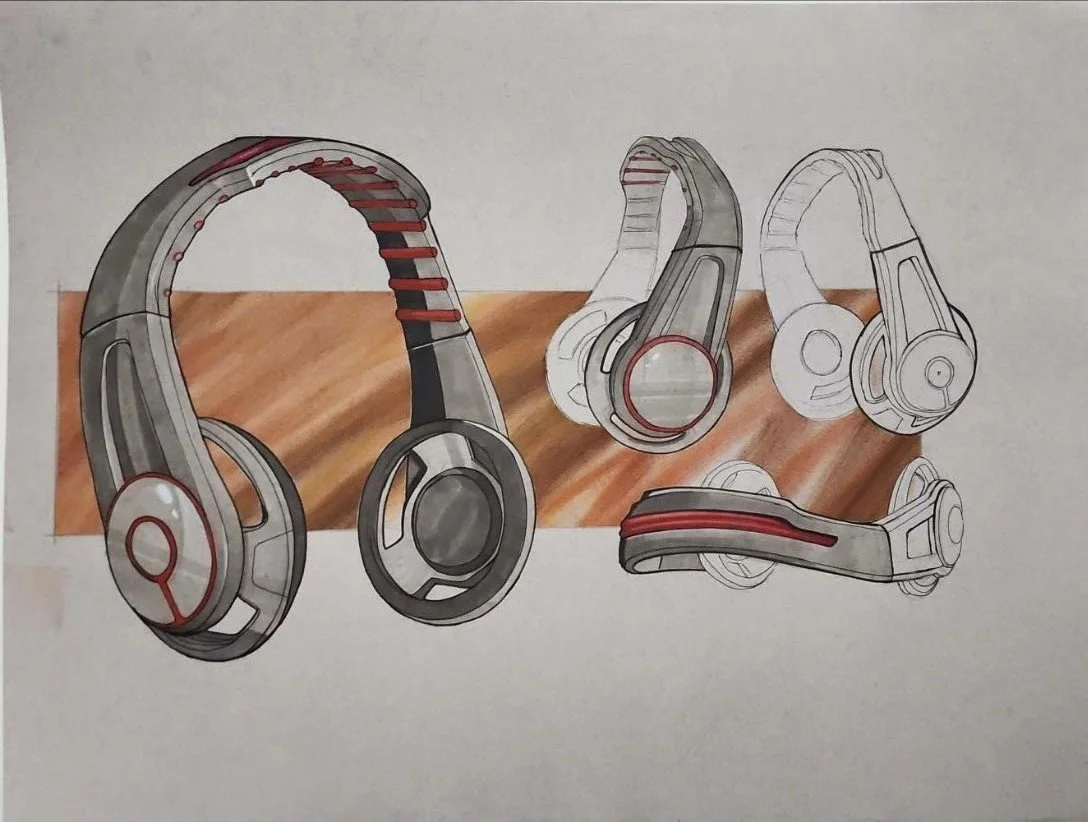 Design sketches of over-ear headphones with gray and red accents on a white background.