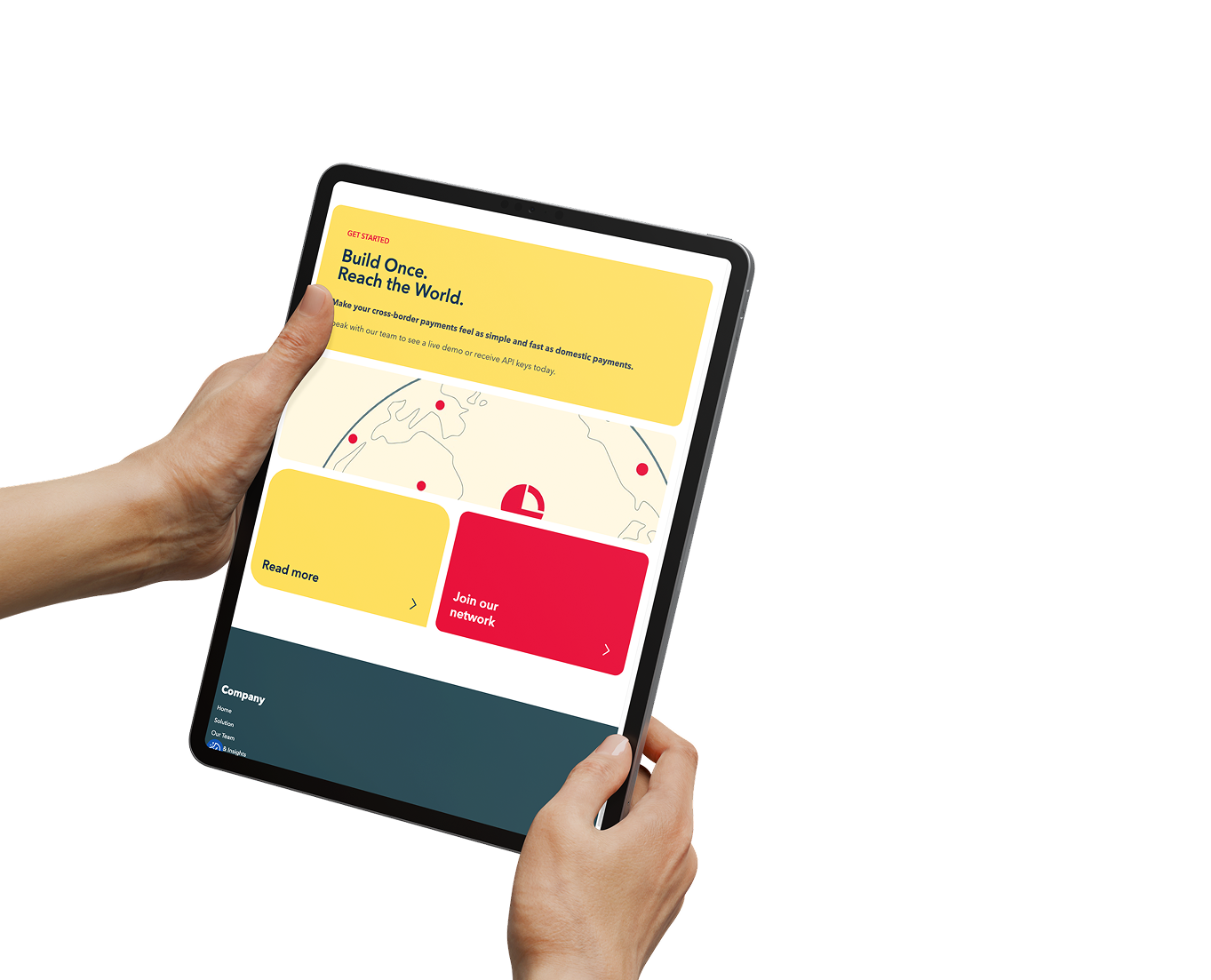 Hands holding a tablet displaying a website with a yellow background, a map with red markers, and buttons labeled 'Read more' and 'Join our network'.