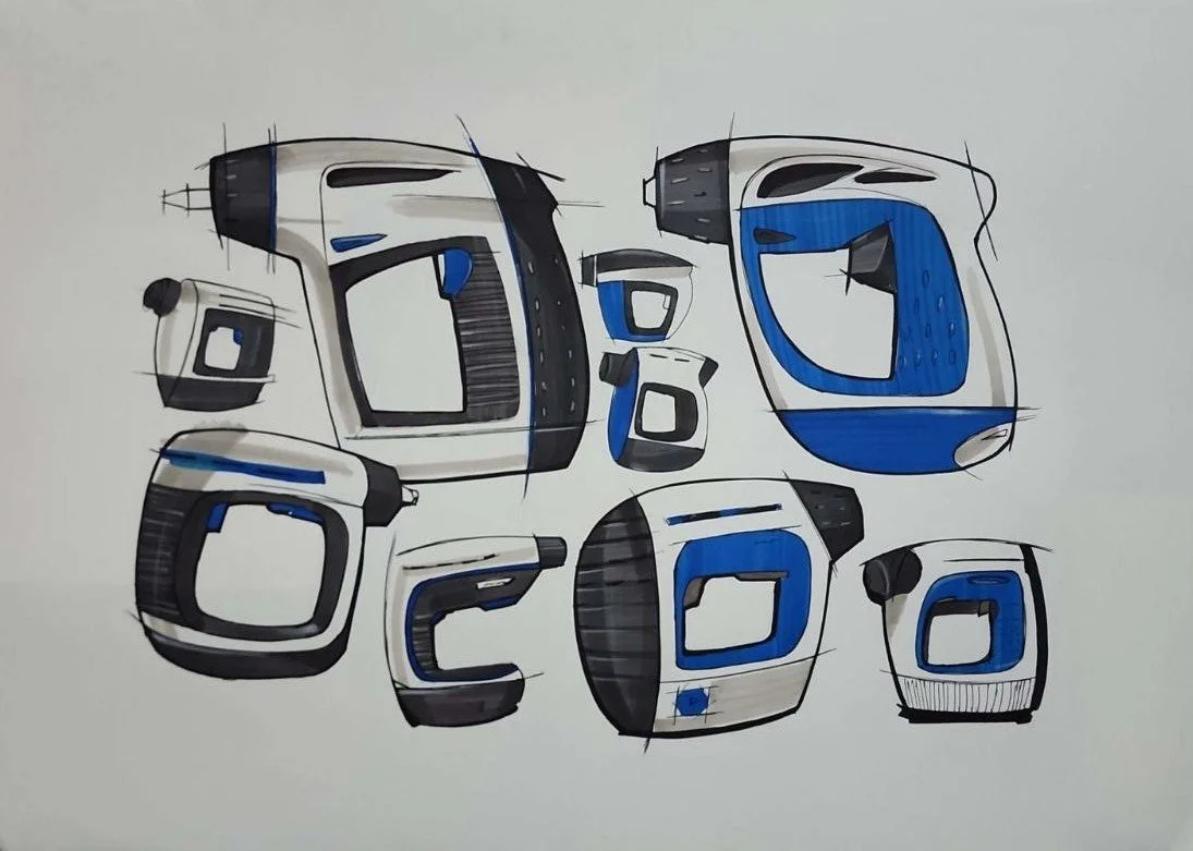 Sketches of various cordless power tools, including drills and drivers, with black and blue accents on a white background.