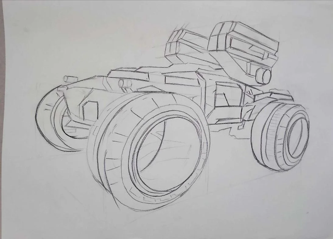Sketch of a futuristic off-road vehicle with large tires and a mounted weapon on top.