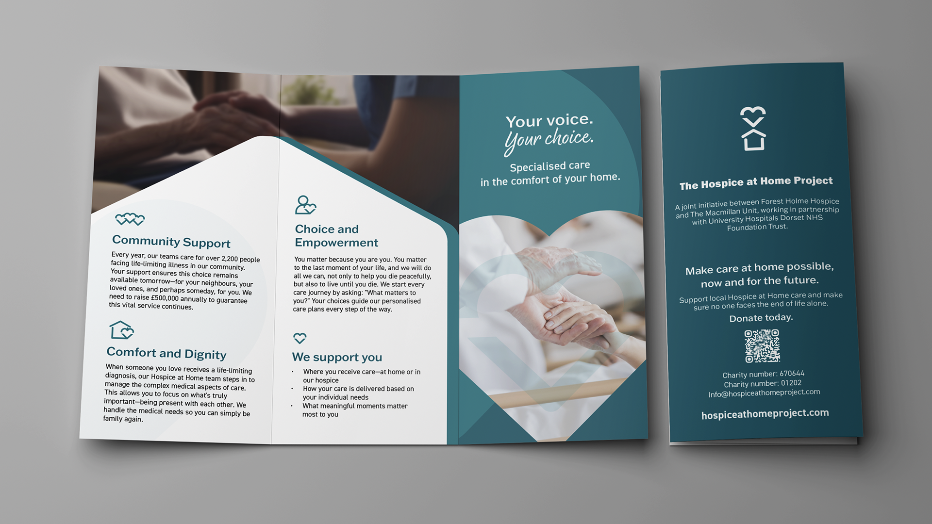 Tri-fold brochure for hospice care with images of caring hands and people, including sections on community support, empowerment, and the hospice at home project, featuring a QR code and contact information.