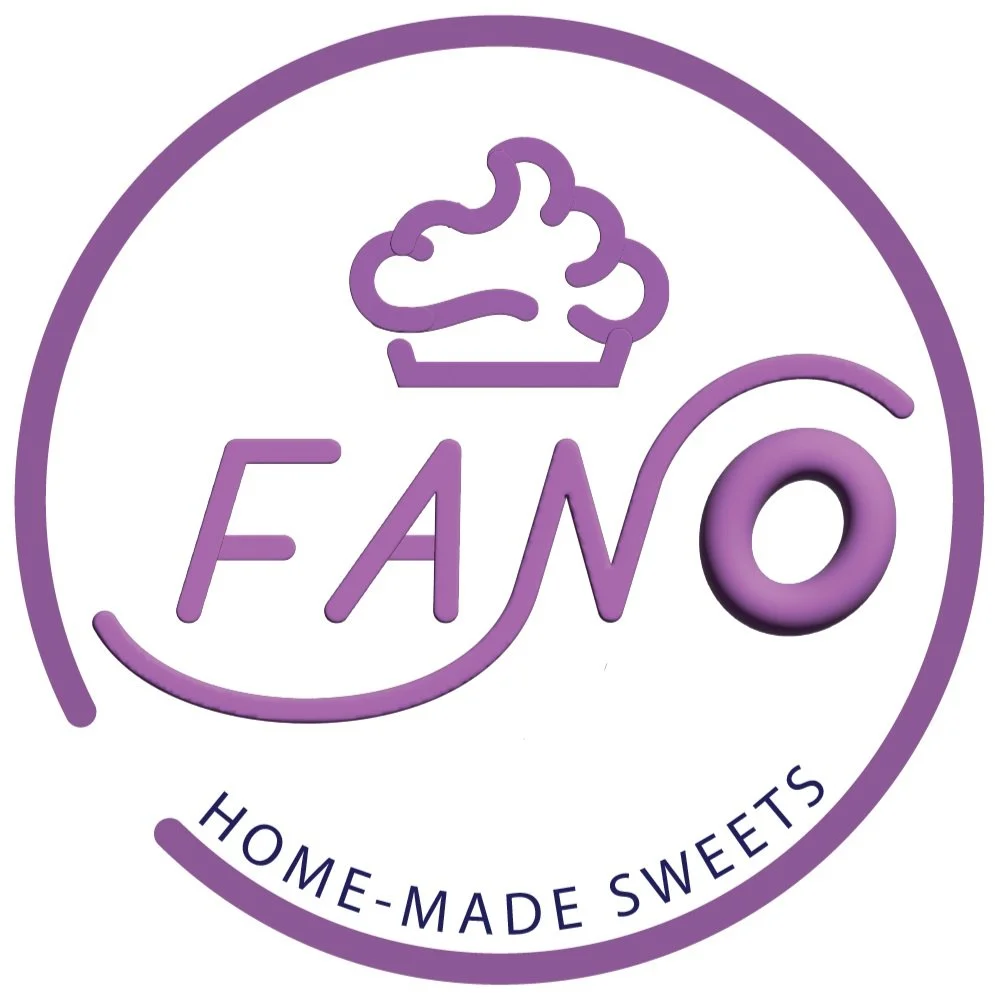 A logo for Fano Home-Made Sweets with a purple circular design, a cupcake icon at the top, and the text 'Fano' in the center, with the tagline 'Home-Made Sweets' at the bottom.
