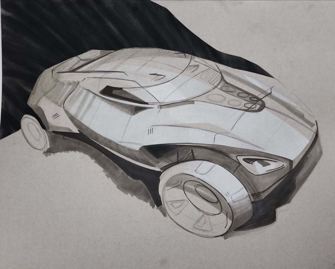 A sketch of a futuristic sports car with a sleek design, closed wheels, and detailed interior layout.