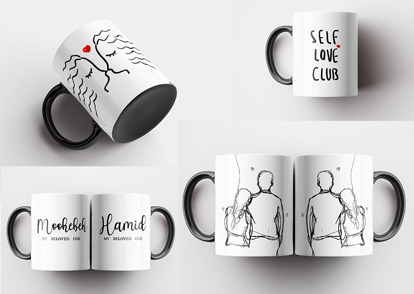 Four white coffee mugs with black handles, featuring minimal line art and text, arranged on a white background.