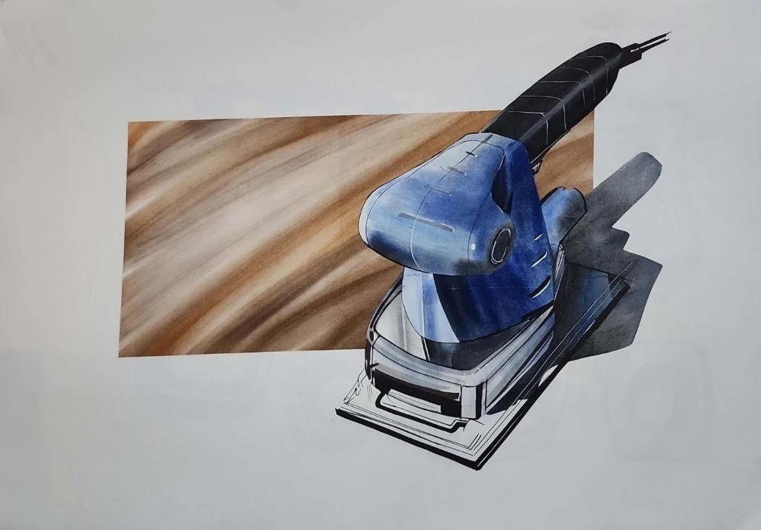 A design sketch of a vintage blue and black steam iron with a wooden surface in the background.