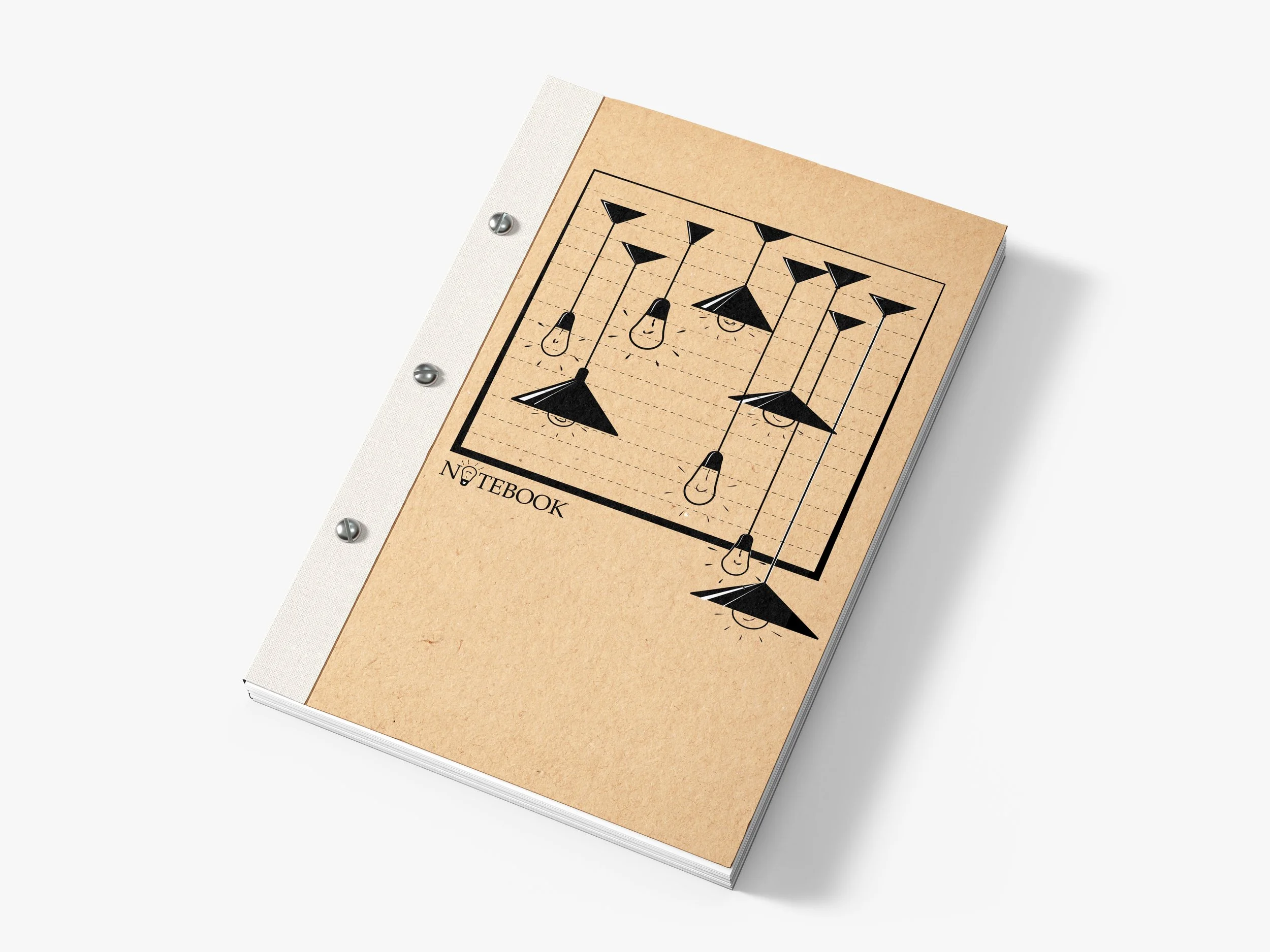 Notebook with light brown cover featuring black line drawings of lightbulbs and arrows.