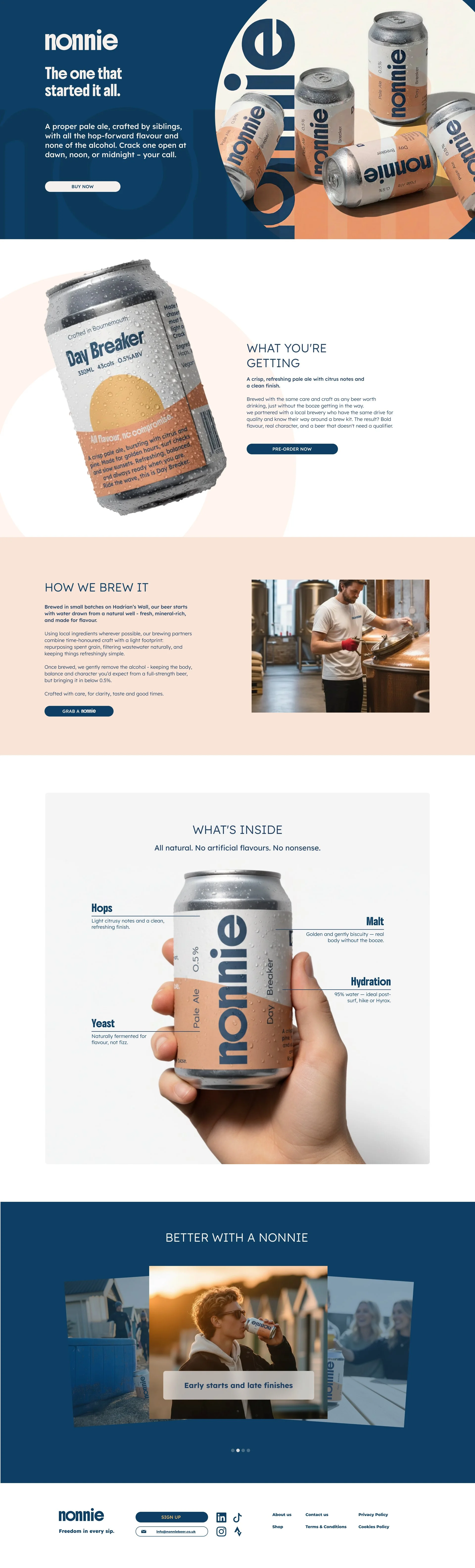 A promotional webpage for Nonnie craft beer featuring a cluster of beer cans and detailed information about the product, brewing process, and ingredients.