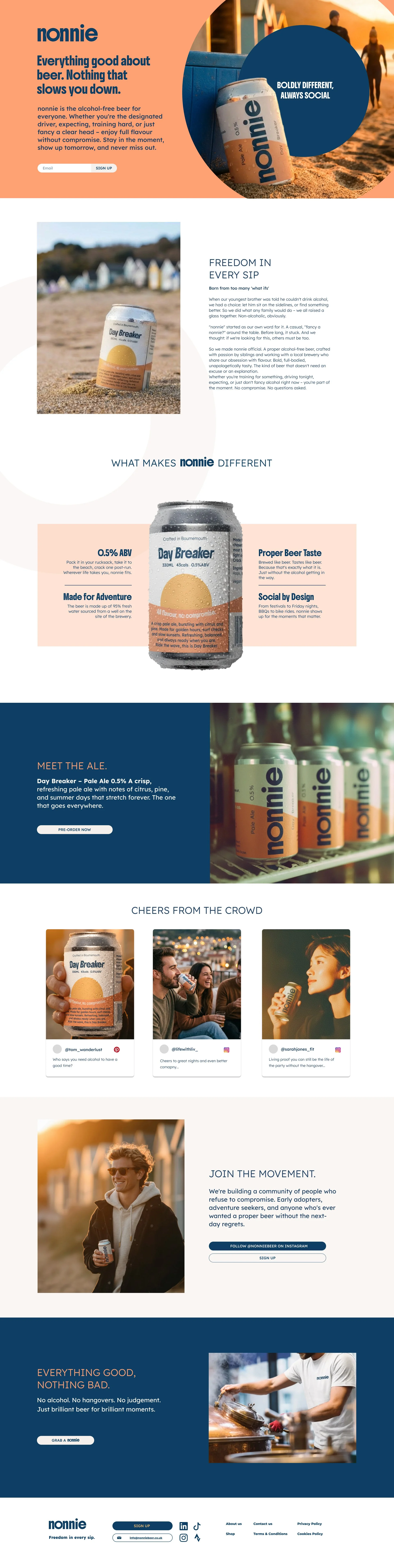 An advertisement for nonnie beer featuring a can on a beach with a sunset in the background, a group of people walking, and several cans of nonnie beer on a shelf, highlighting its social and adventurous appeal.