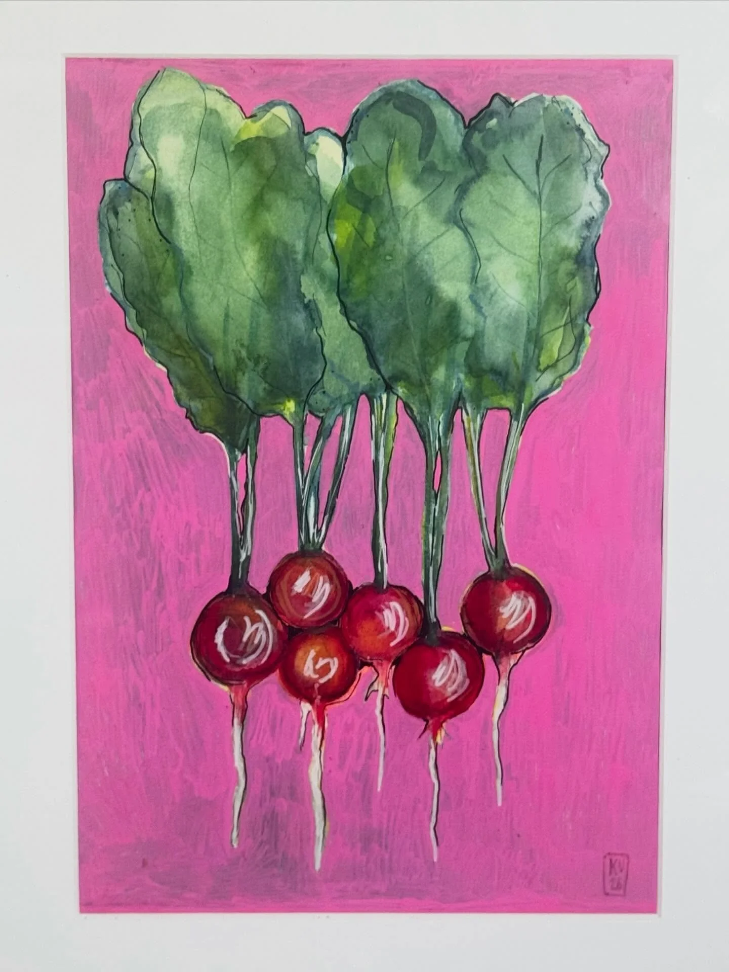 Retiisej&auml;! Ja meinasin tehd&auml; lis&auml;&auml; kasviksia/kasveja l&auml;hitulevaisuudessa.

Radishes! And more veggies and plants will follow in near future.

Sekatekniikka, vesiv&auml;rit, akryylitussit.
Mixed media, watercolours, acrylic pe