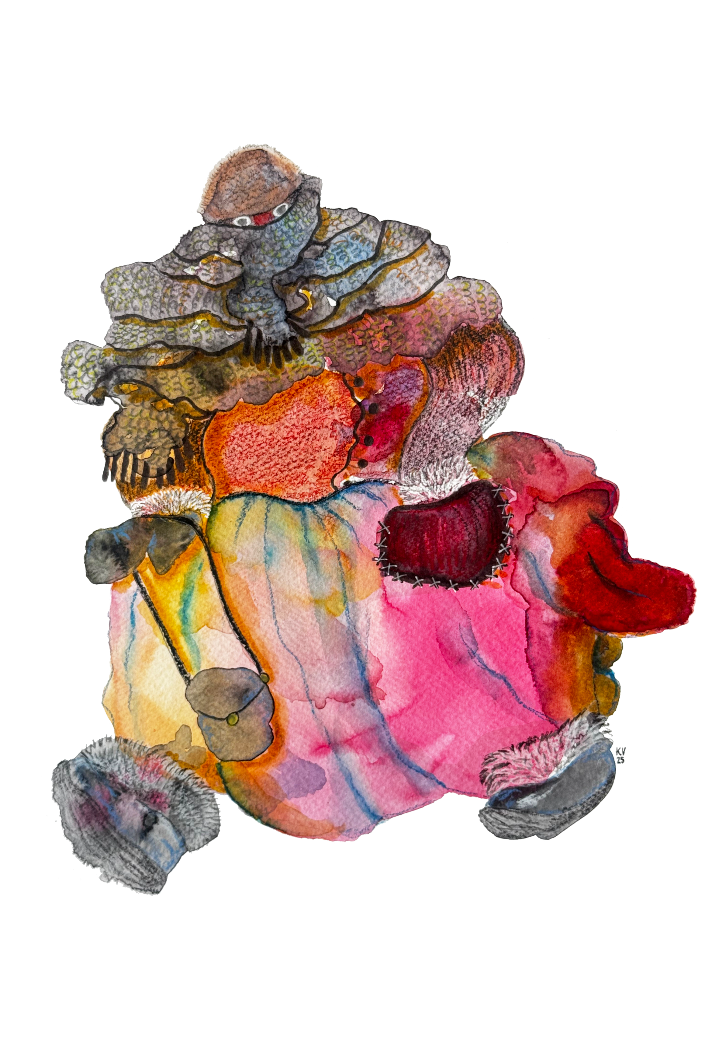 "Mummo lumessa" 2025. Watercolor, pencil, acrylic marker. Personal work.