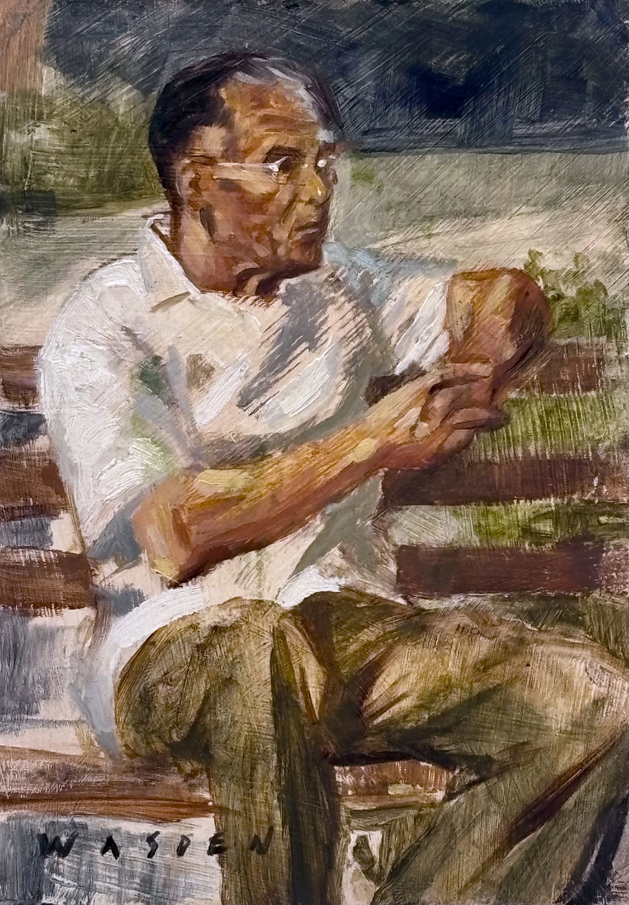 “Waiting,” oil study on board, 5”x7”, $125 (includes shipping in the USA).