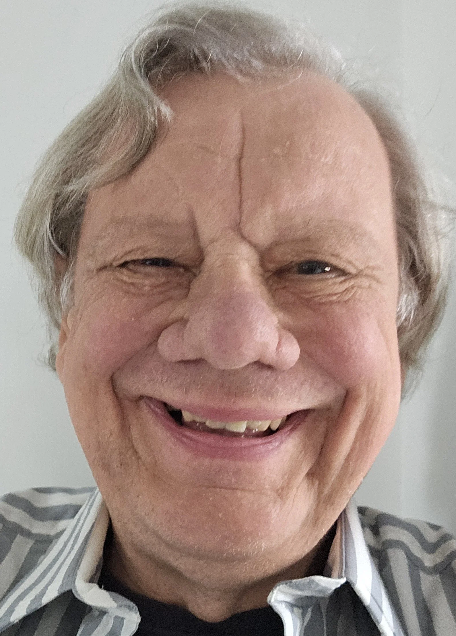 A smiling elderly man with gray hair, wearing a striped shirt, against a plain background.