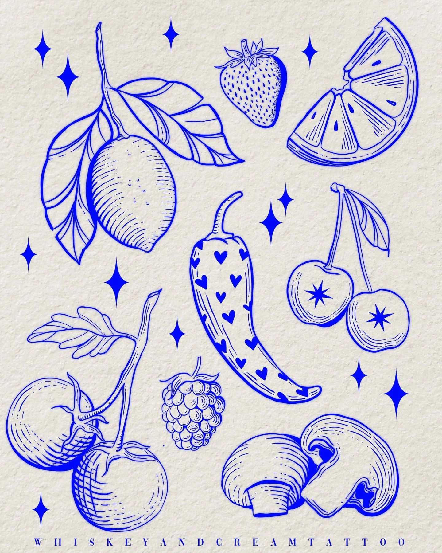 🦋 A V A I L A B L E 🦋
A flash-sheet inspired by my New Year&rsquo;s resolution to eat more fruit and veggies 🍄&zwj;🟫🍓 
&bull; I only tattoo in black 
&bull; Repeatable designs 
To book send an email to: whiskeyandcreamtattoo@gmail.com or click l