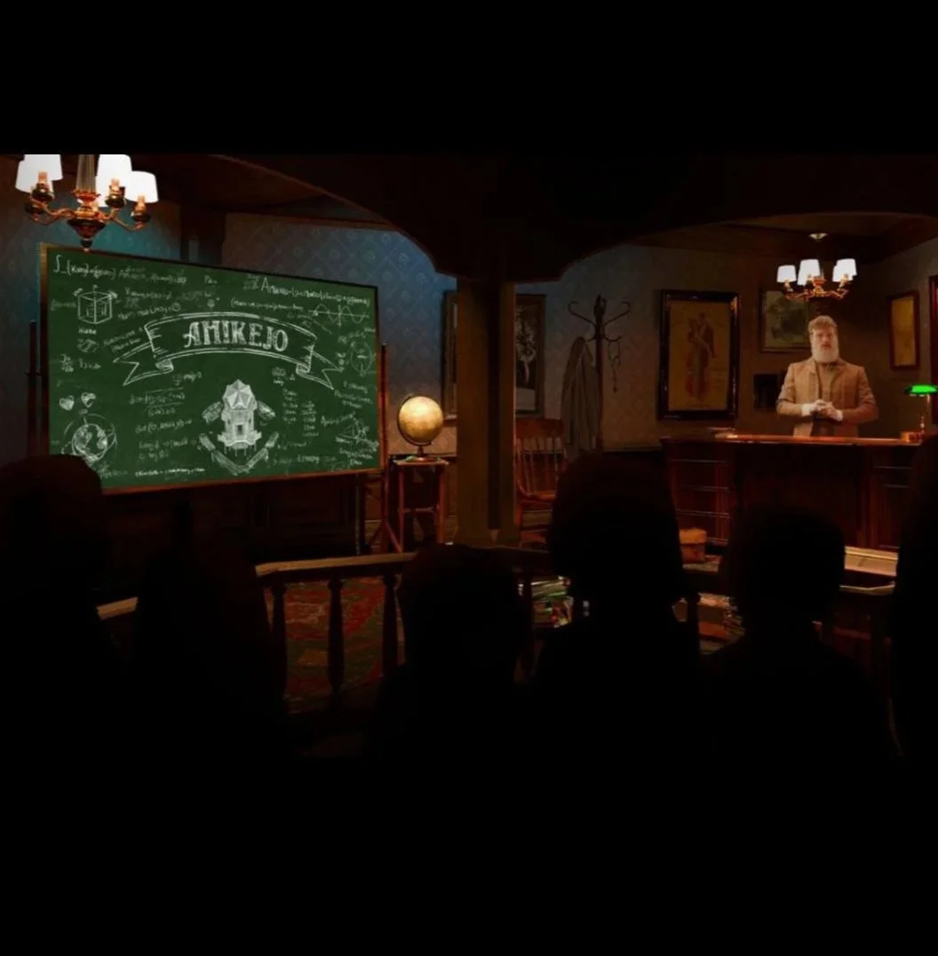 Een kamer met een leesbord of schrijfboard met de naam 'Aikejo' en een symbool, een wereldbol, een man achter de bureau, en een groep mensen die naar voren kijkt.