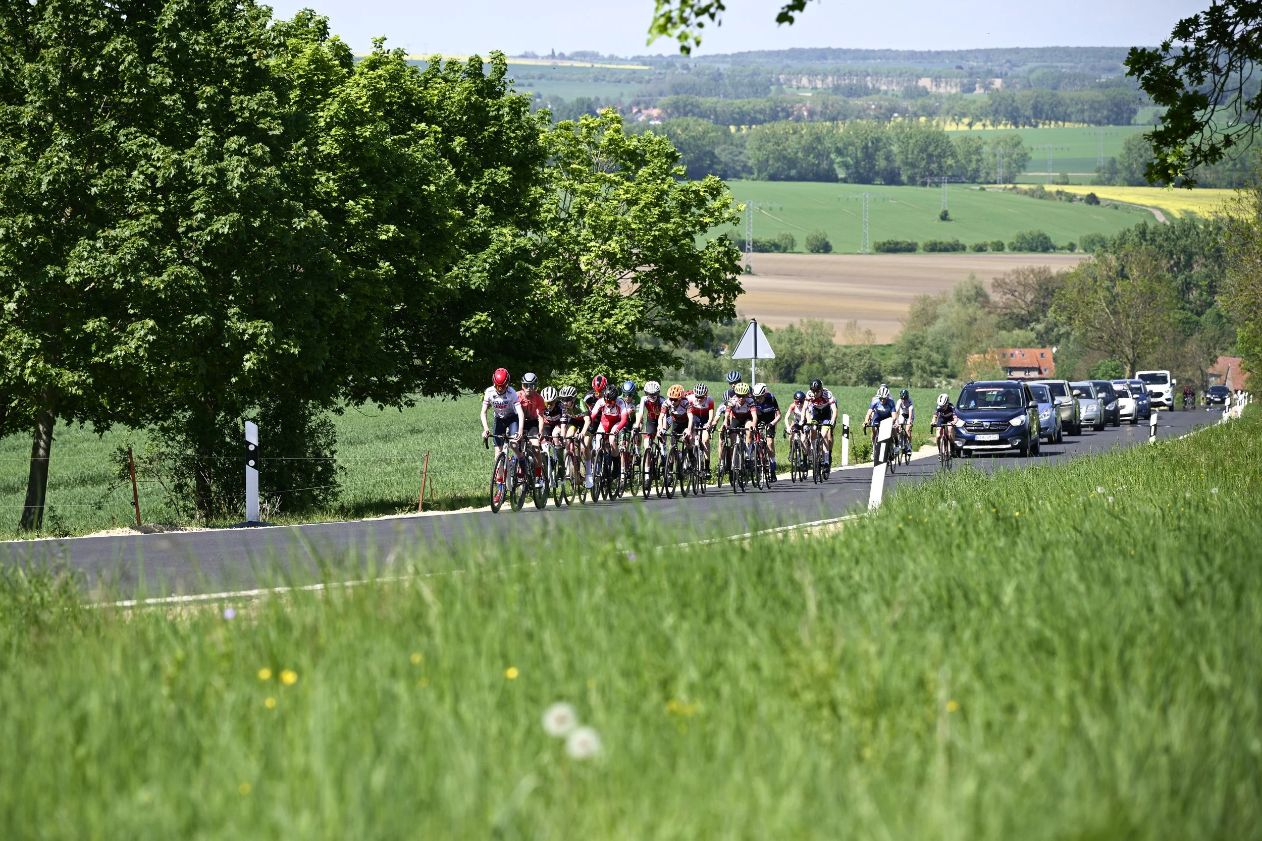 Gruppe von Radfahrern in einer ländlichen Landschaft mit grünen Feldern, Bäumen und einem Linienbus im Hintergrund, einige Autos kommen von hinten.