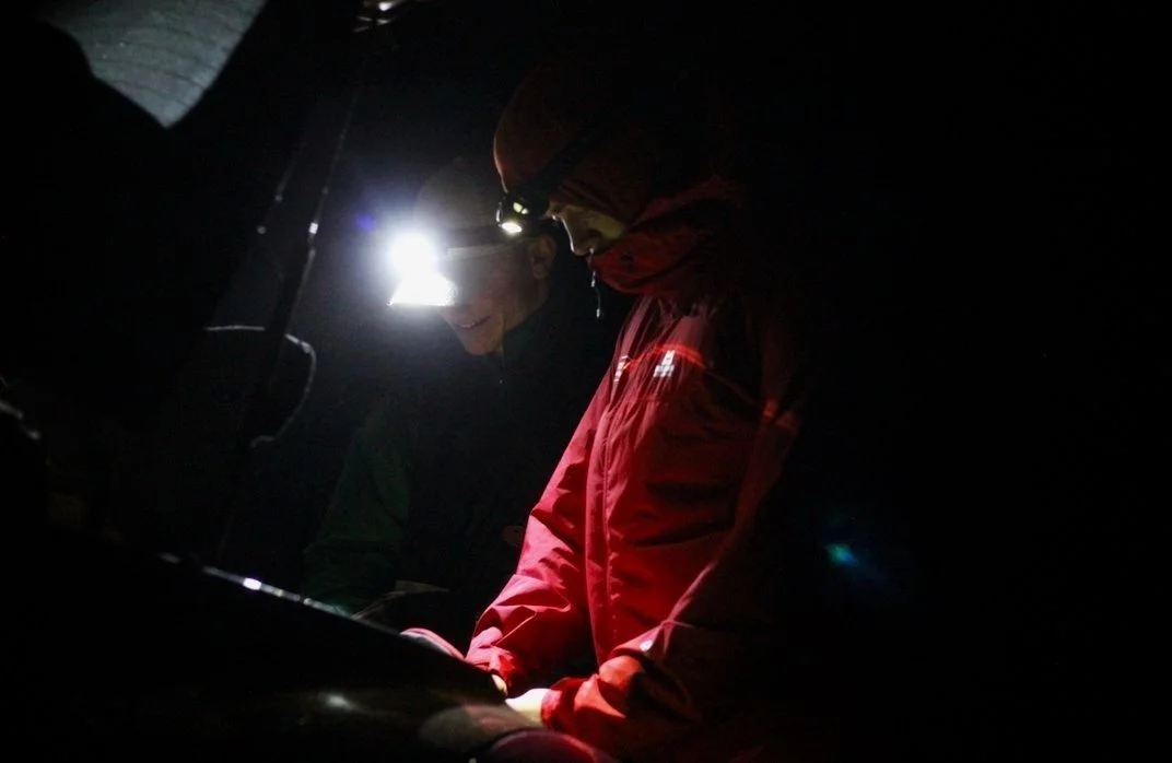 Dan and Owen, geared up ready to hike up Snowdon in the early hours. 