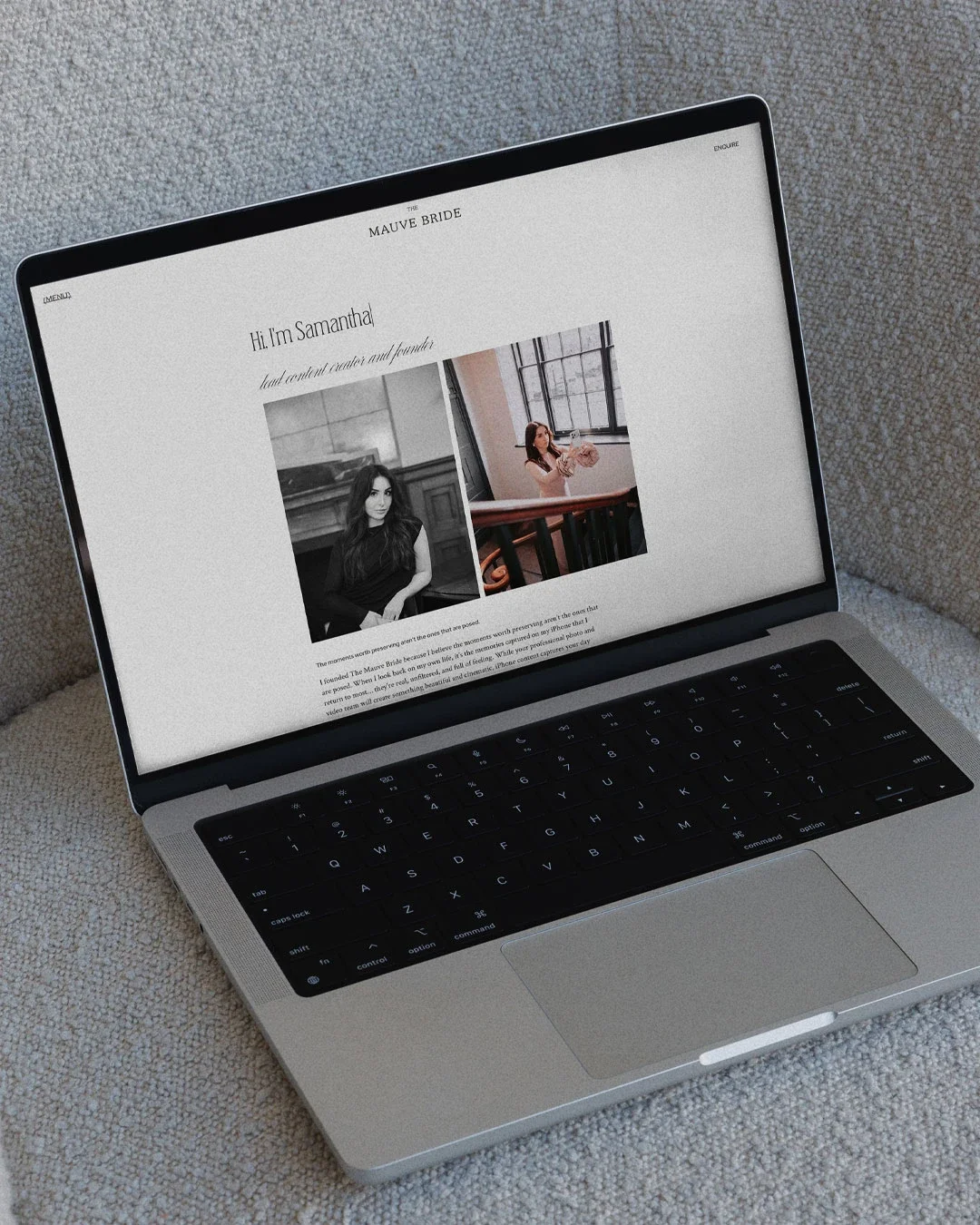 A silver MacBook laptop on a beige carpet displaying a website about a bride named Samantha, with black and white and color photos of her, and the text 'Hi, I'm Samantha, lead concept creator and founder'.