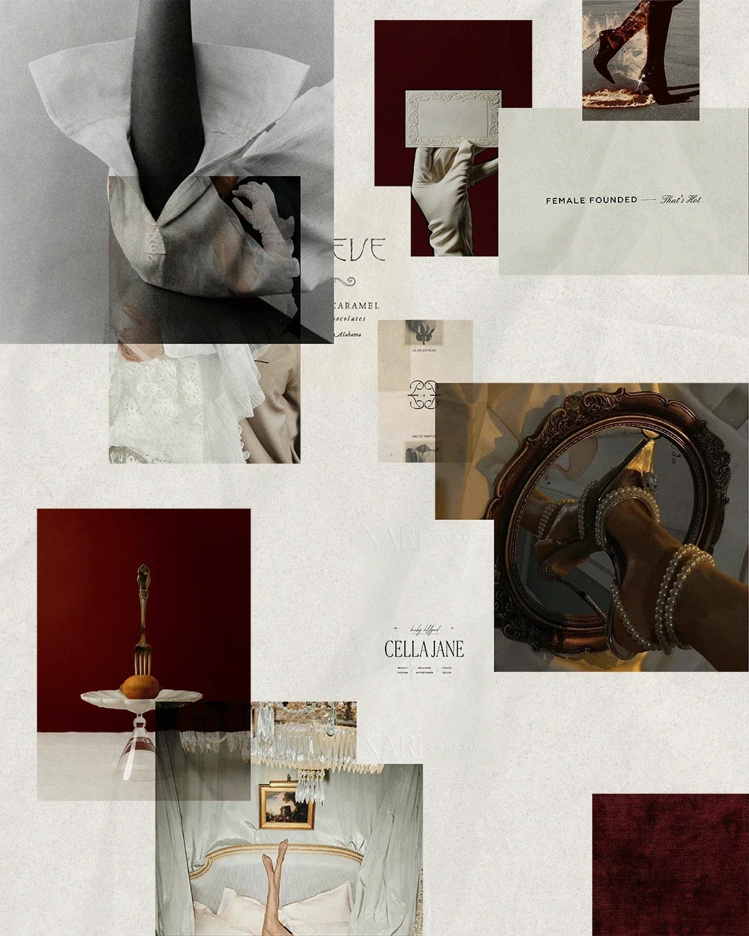 Collage of various artistic and vintage-style images including a hand holding a rectangular object, a person walking with an axe, a hand with pearl bracelets in front of a mirror, a plate with a dessert and fork, and an interior with a chandelier and a painting, all in muted and elegant tones.