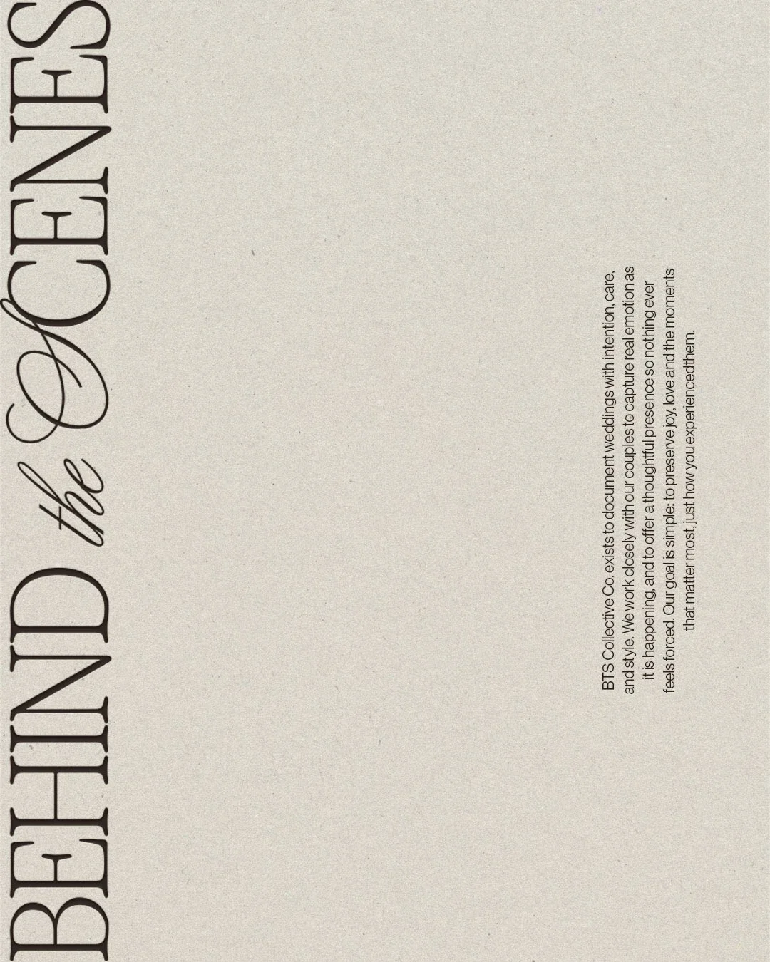 Backside of a promotional card for a wedding photography business with the text 'BEHIND THE SCENES' and a description of BTS Collective Co.'s work creating documentary wedding photos.