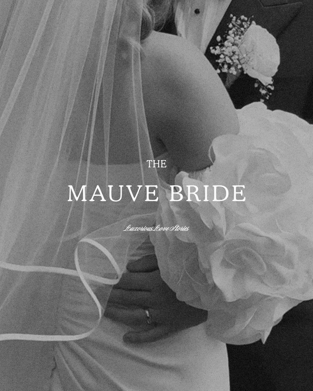 Black and white cover of a book titled 'The Mauve Bride' with the subtitle 'Luxurious Love Stories.' The cover features an image of a bride in a wedding dress holding a bouquet of flowers.