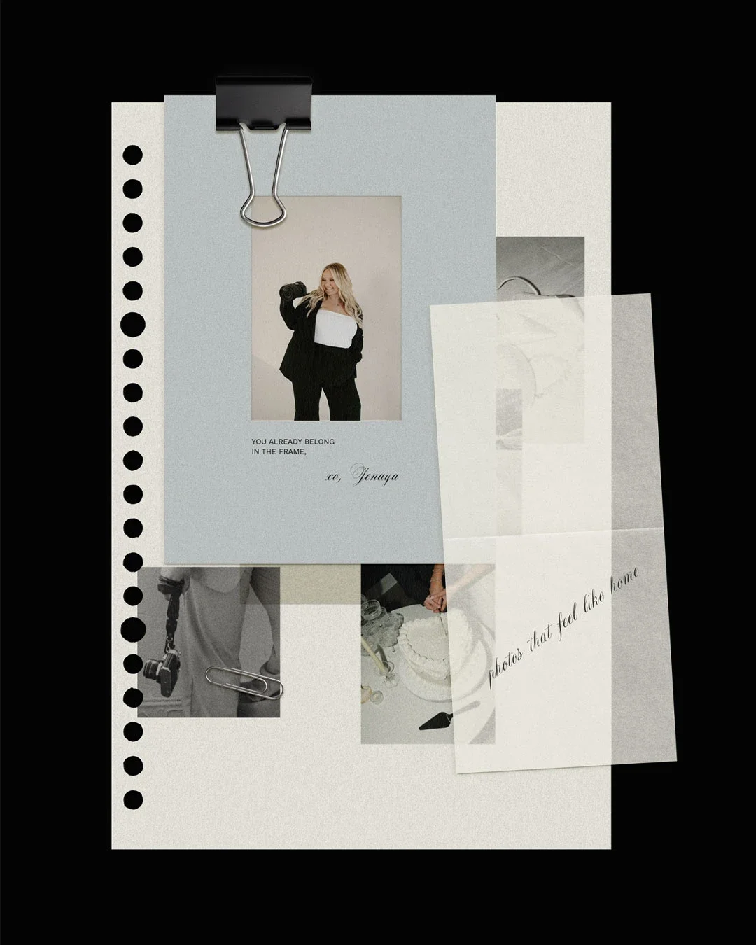 Collection of photographs and film negatives clipped to paper and displayed on a black surface, including a woman in black suit taking a selfie.