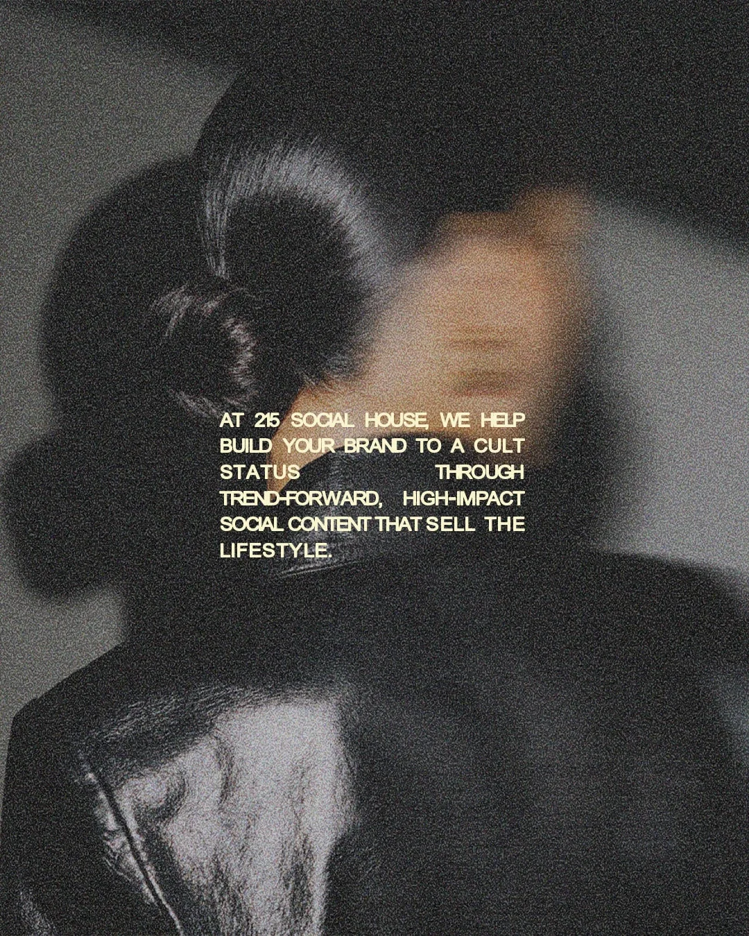 A woman with dark hair styled in a bun, wearing headphones, with overlaid text promoting a social house and social media branding.